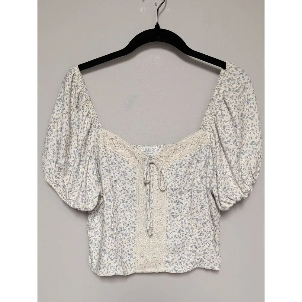 Sienna Sky Cream and Light Blue Floral Peasant Crop Top with Lace Tie